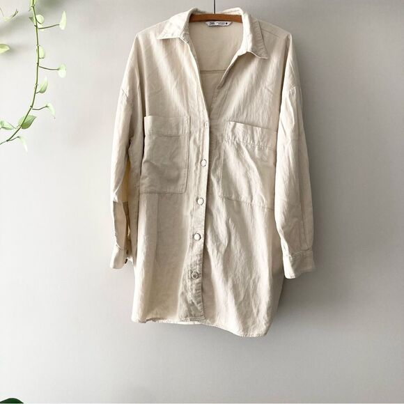 Zara Cotton Double Front Pocket Button Up Shirt‎ in Beige M - Picture 1 of 6